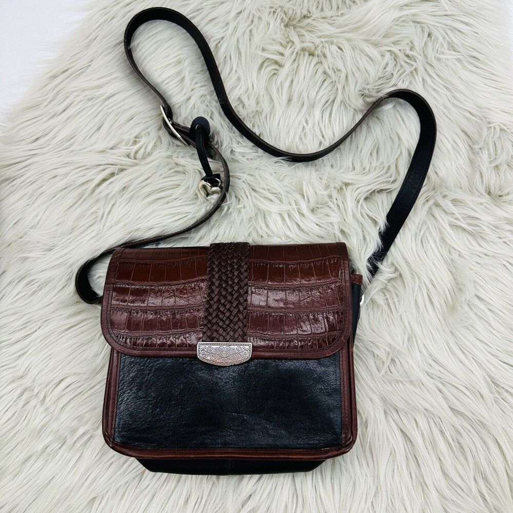 Vintage Brighton Crossbody Flap Organizer Leather Black & Brown Croc Print Purse - Picture 1 of 16